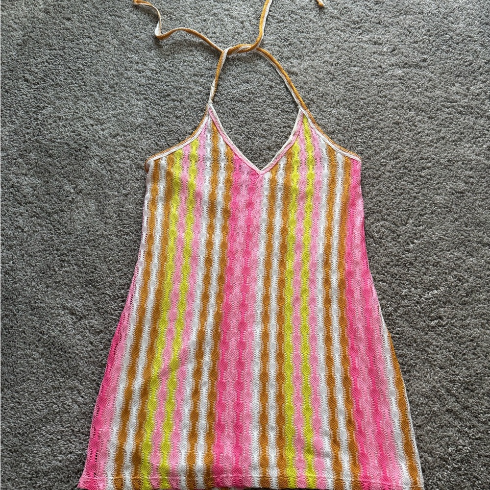 Colorful Striped Crochet Halter Dress